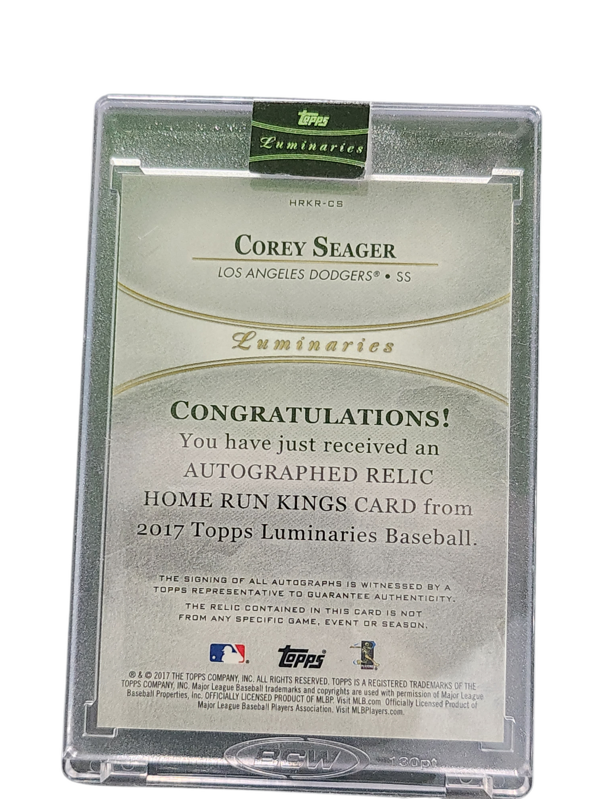 2017 Topps Luminaries Corey Seager #Hrkr-Cs Home Run Kings Auto Relic /15