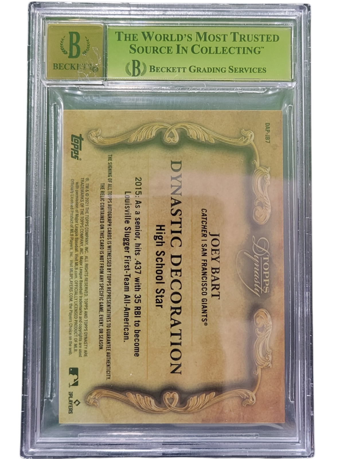 2021 Topps Dynasty Autograph Patches Joey Bart #Dapjb7 BGS 9.5 Auto 10