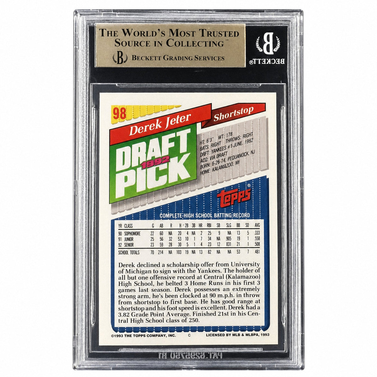 1993 Topps #98 Derek Jeter Rookie Rc BGS 9.5