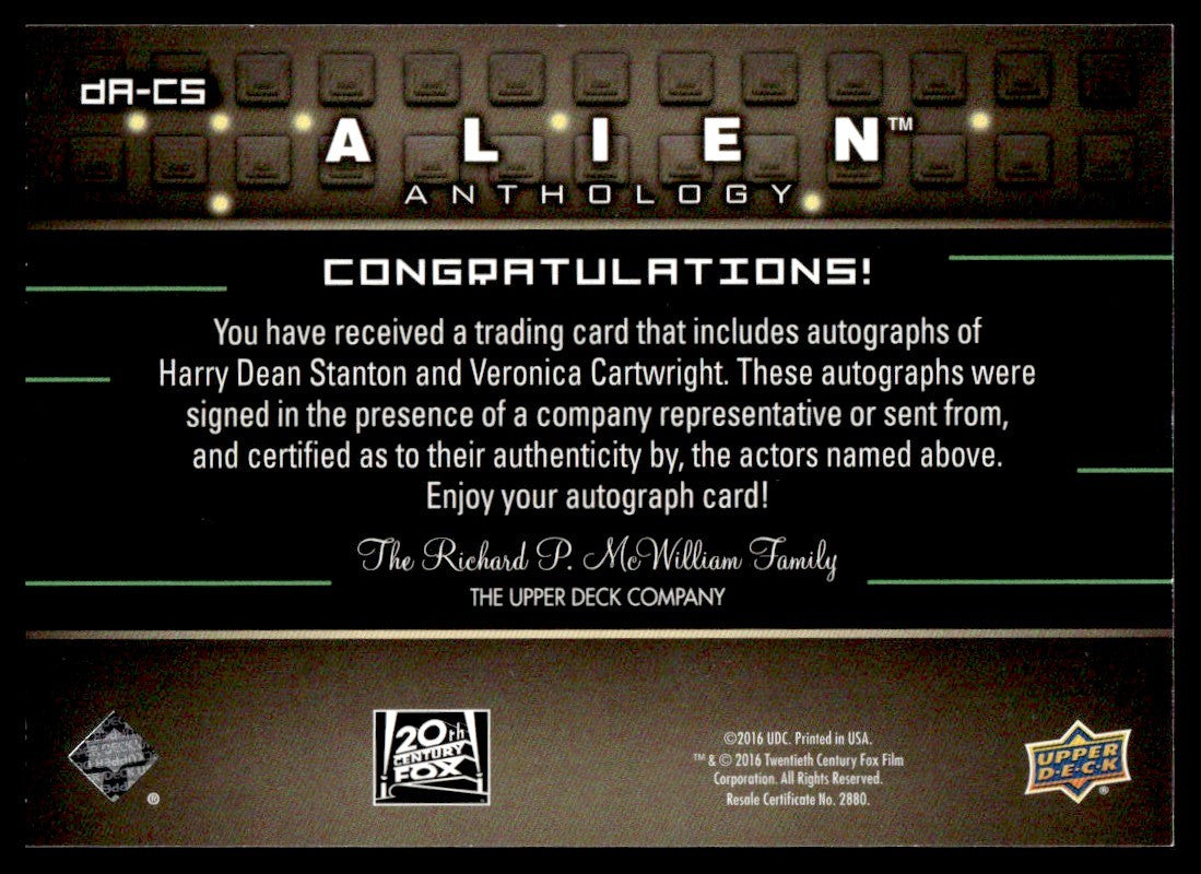2016 Upper Deck Da-Cs Harry Dean Stanton Veronica Cartwright Alien Anthology Auto