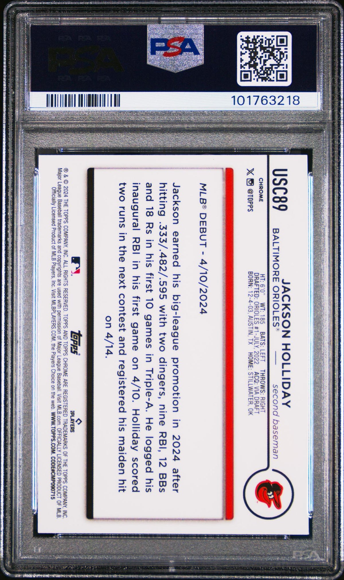 2024 Topps Chrome Update Aqua/Blue Lava Lamp Jackson Holliday #Usc89 /175 PSA 10