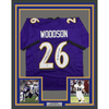 Framed Autographed/Signed Rod Woodson 35x39 SB XXXV Champs Baltimore Purple Football Jersey Beckett BAS COA