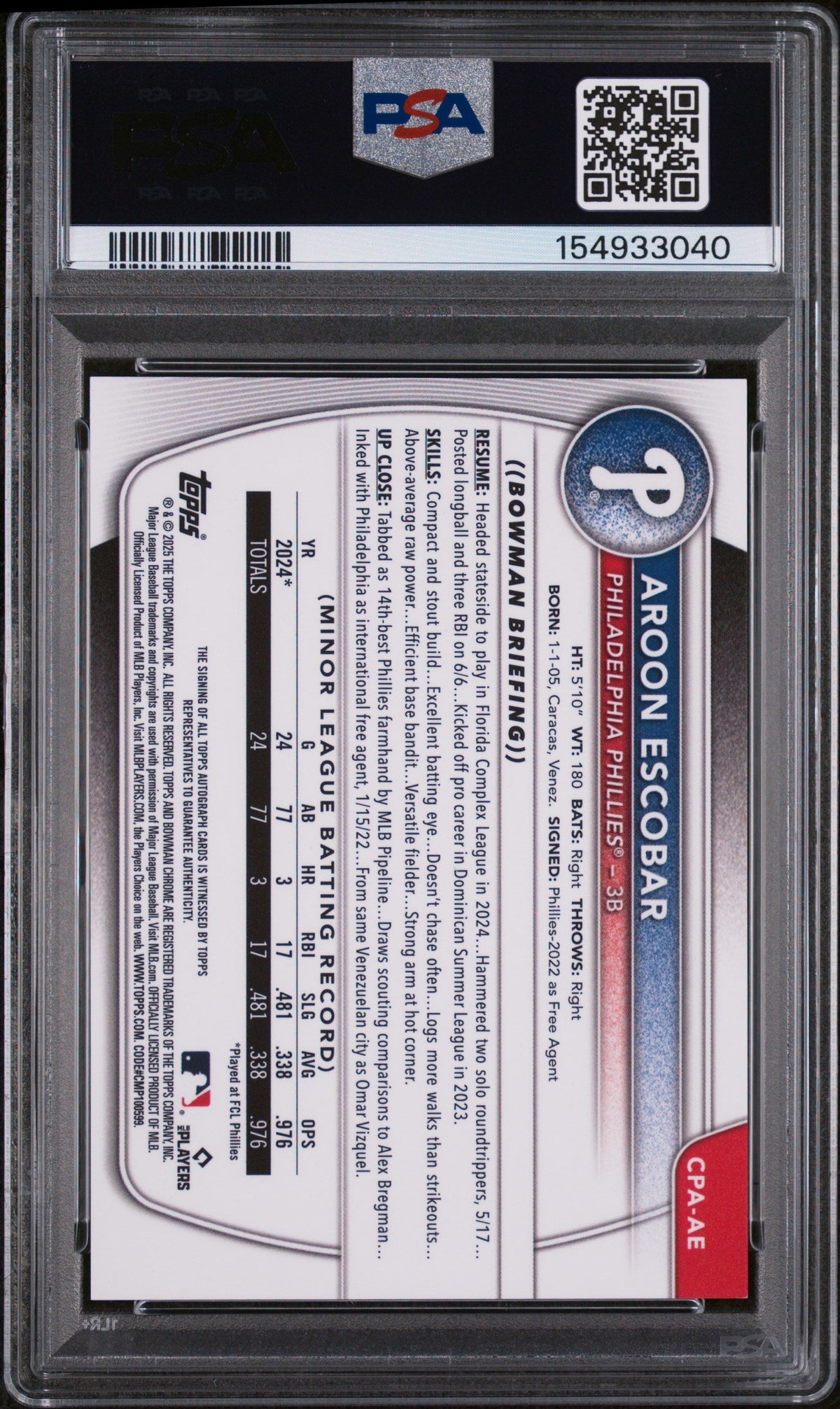 2025 Chrome Prospect Autographs Black X-Fractors Aroon Escobar #Cpaae /10 PSA 8