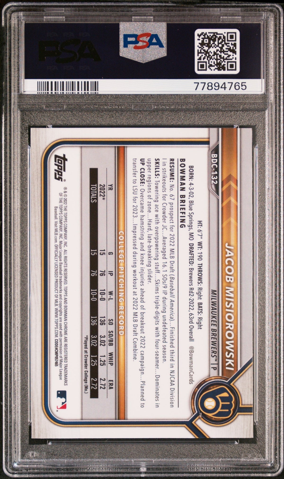 2022 Bowman Draft Sapphire Chrome Jacob Misiorowski #Bdc132 PSA 9