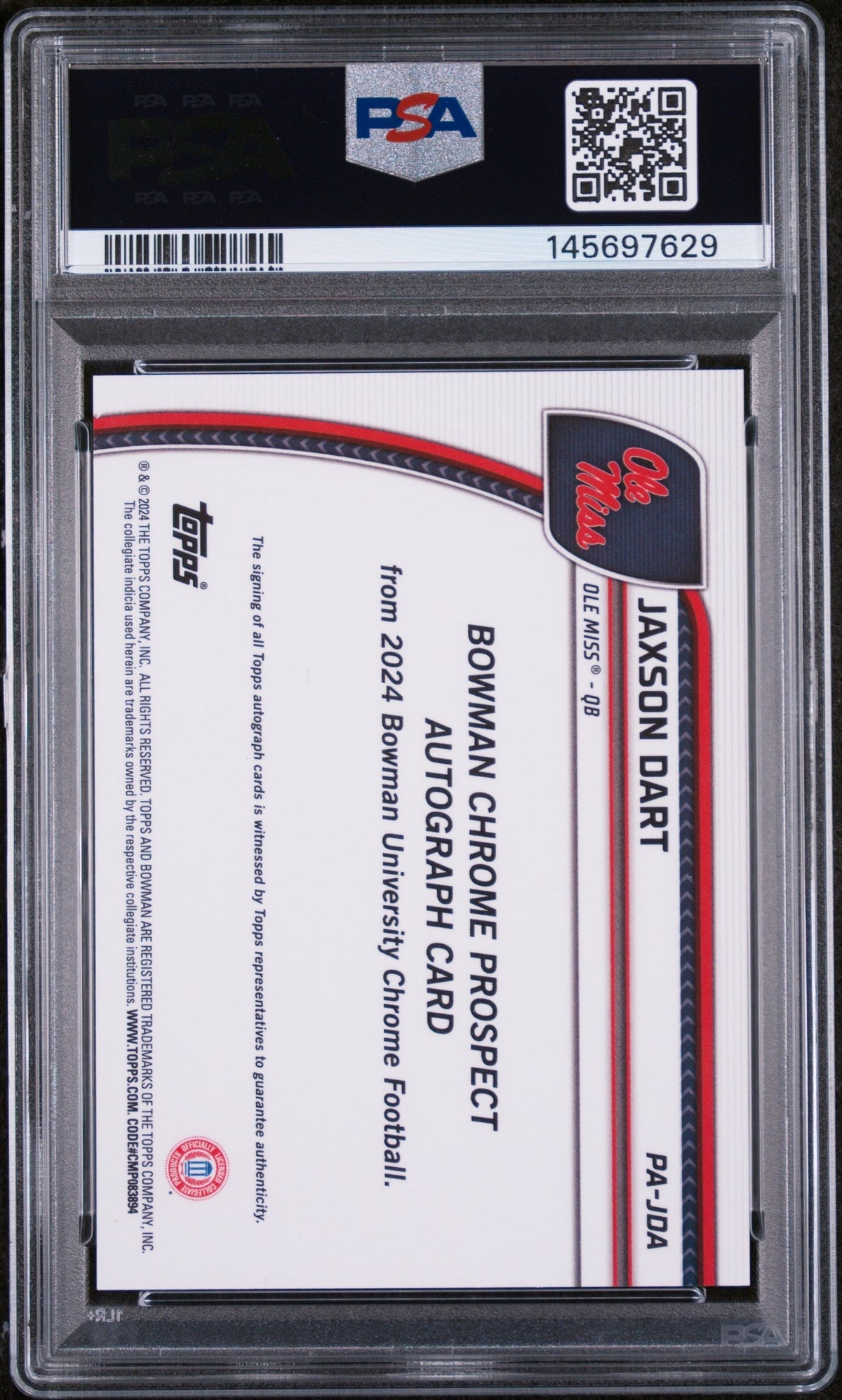 2024 Bowman University Chrome Bowman Chrome Prospect Autographs Prspct Au-B&G Stealth Ref Jaxson Dart #Pajda /25 PSA 10