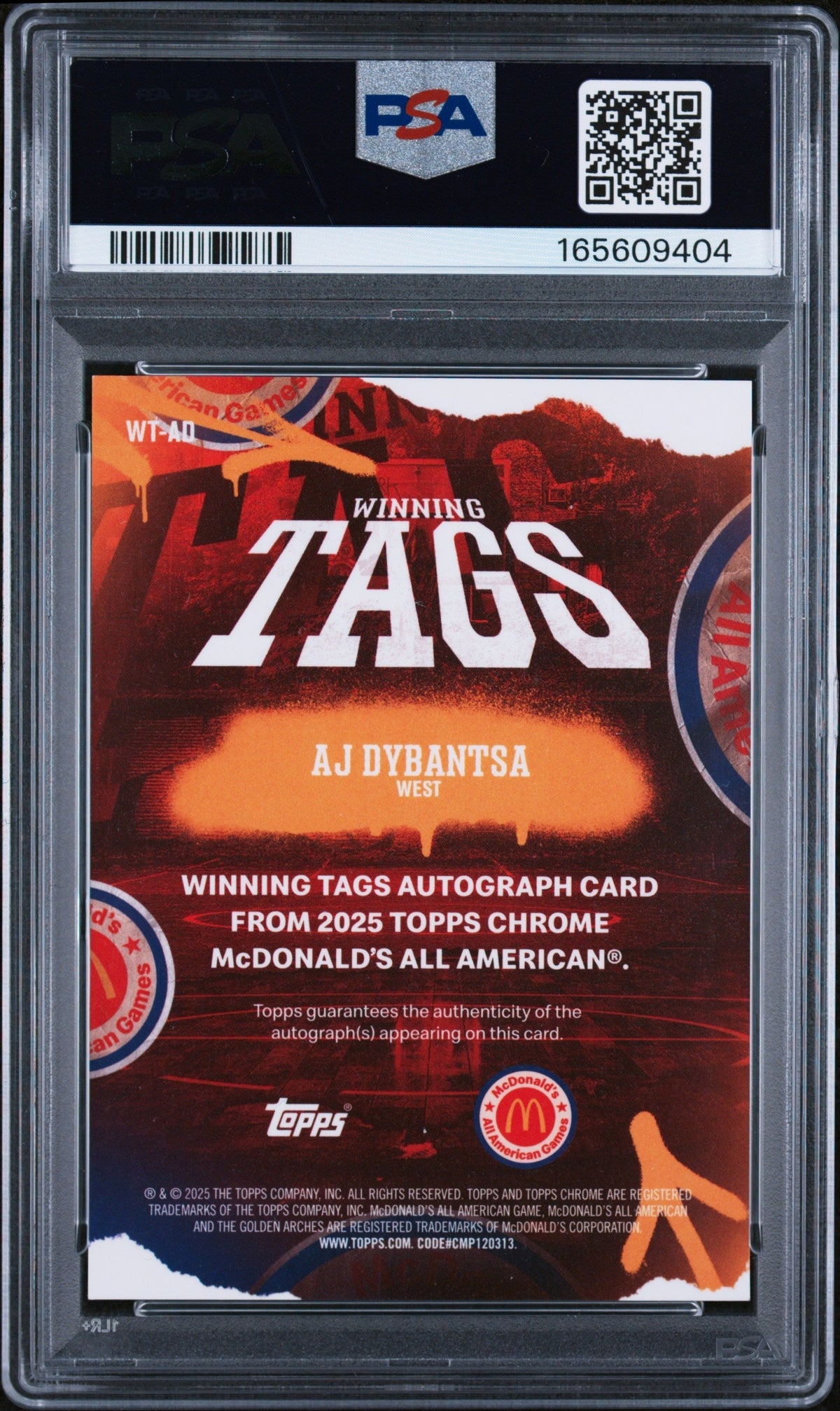 2025 Topps Chrome Mcdonald's All American Winning Tags Autographs Winning Tags Au-Tie-Dye Ref Aj Dybantsa #Ad /25 PSA 10