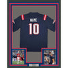Framed Autographed/Signed Drake Maye 35x39 New England Patriots Blue Authentic Football Jersey Beckett BAS COA