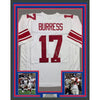 Framed Autographed/Signed Plaxico Burress 35x39 New York White Football Jersey JSA COA