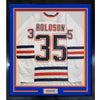 Framed Autographed/Signed Dwayne Roloson 35x39 Edmonton White Hockey Jersey Beckett BAS COA