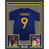 Framed Autographed/Signed Fernando Torres 35x39 Spain Blue Soccer Futbol Jersey Beckett BAS COA