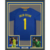 Framed Autographed/Signed Julio Cesar 35x39 Brazil Blue Soccer Futbol Jersey Beckett BAS COA