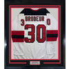 Framed Autographed/Signed Martin Brodeur 35x39 New Jersey NJ White Hockey Jersey Beckett BAS COA