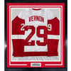 Framed Autographed/Signed Mike Vernon 35x39 Detroit White Hockey Jersey Beckett BAS COA