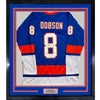 Framed Autographed/Signed Noah Dobson 35x39 New York Blue Hockey Jersey JSA COA
