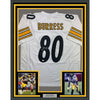 Framed Autographed/Signed Plaxico Burress 35x39 Pittsburgh White Football Jersey JSA COA