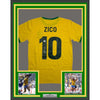 Framed Autographed/Signed Zico 35x39 Brazil Yellow Soccer Futbol Jersey Beckett BAS COA