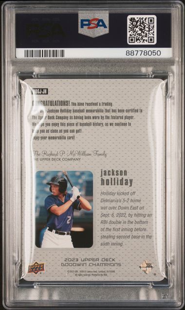 Jackson Holliday 2023 Goodwin Champions Ud Game Jersey PSA 8.5
