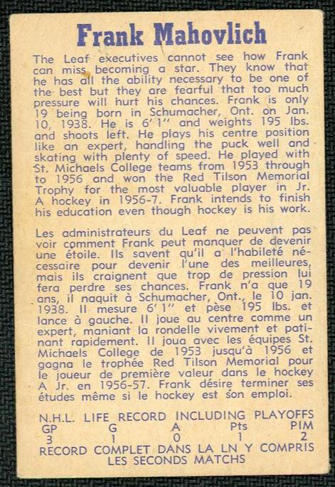 1960 17 Frank Mahovlich Rookie Toronto Maple Leafs