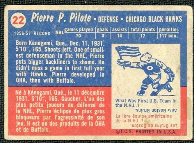 1957 Topps 22 Pierre Pilote Rookie Chicago Black Hawks
