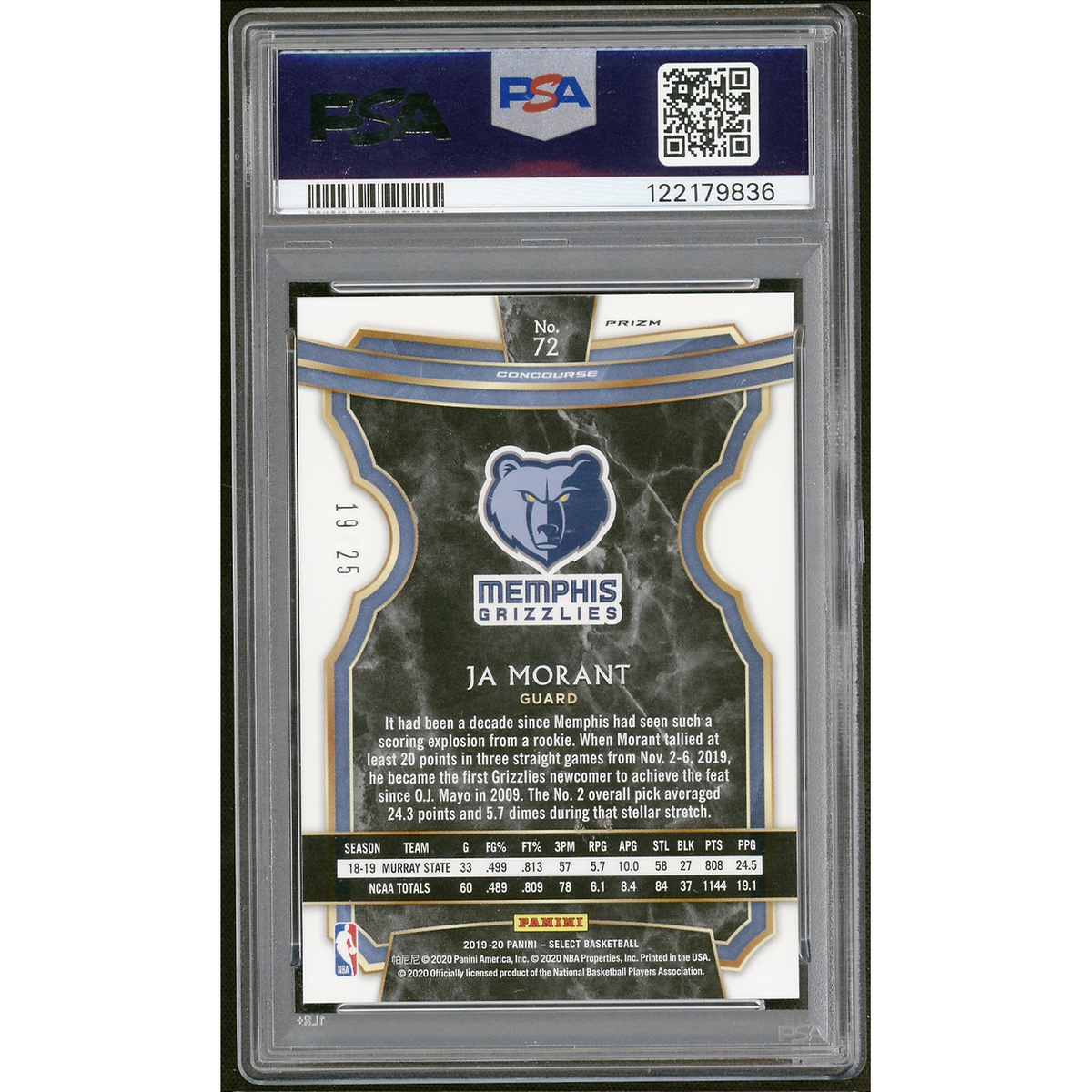 2019 Panini Select Ja Morant #72 Tie Dye Prizm PSA 10