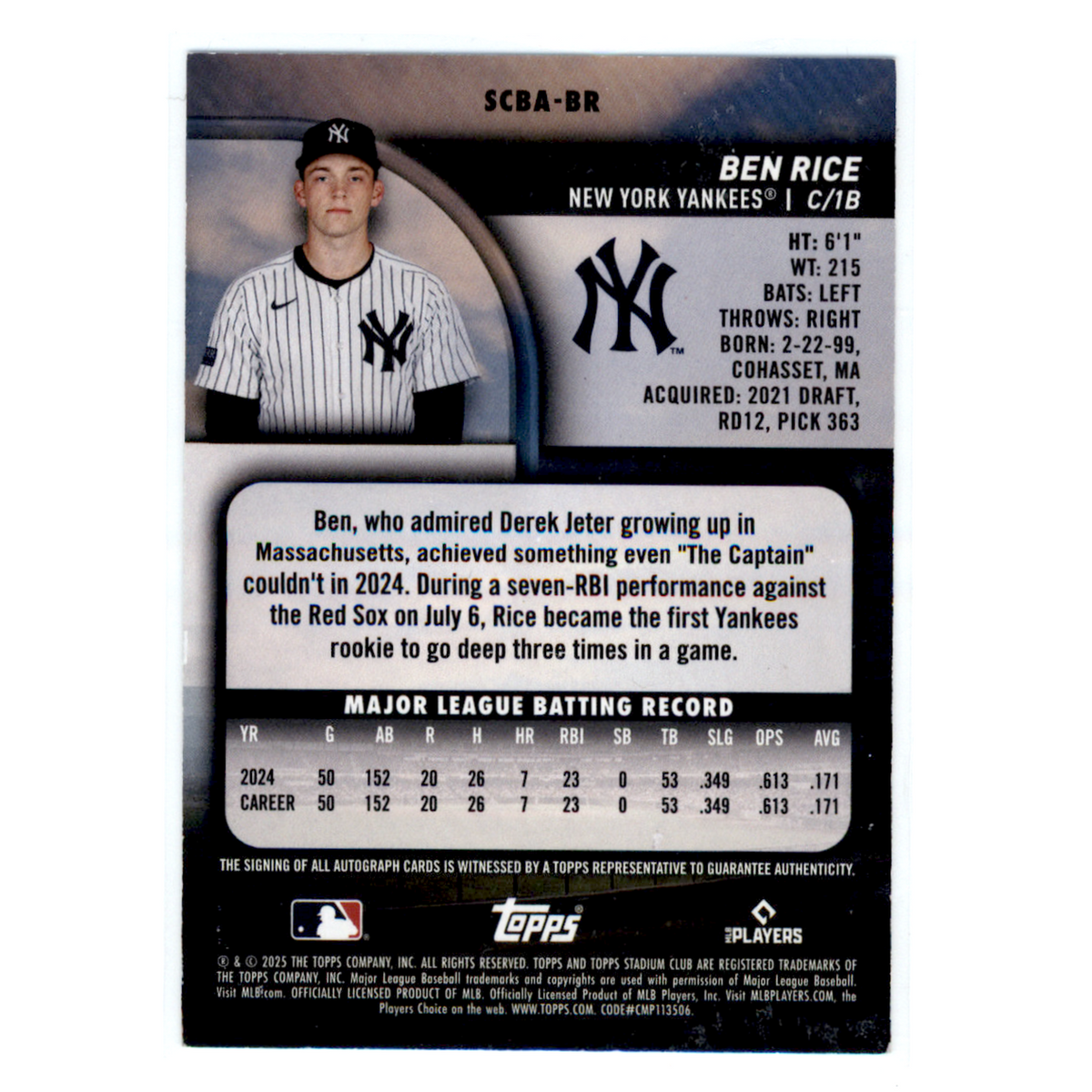 2025 Topps Stadium Club Ben Rice #Scba-Br
