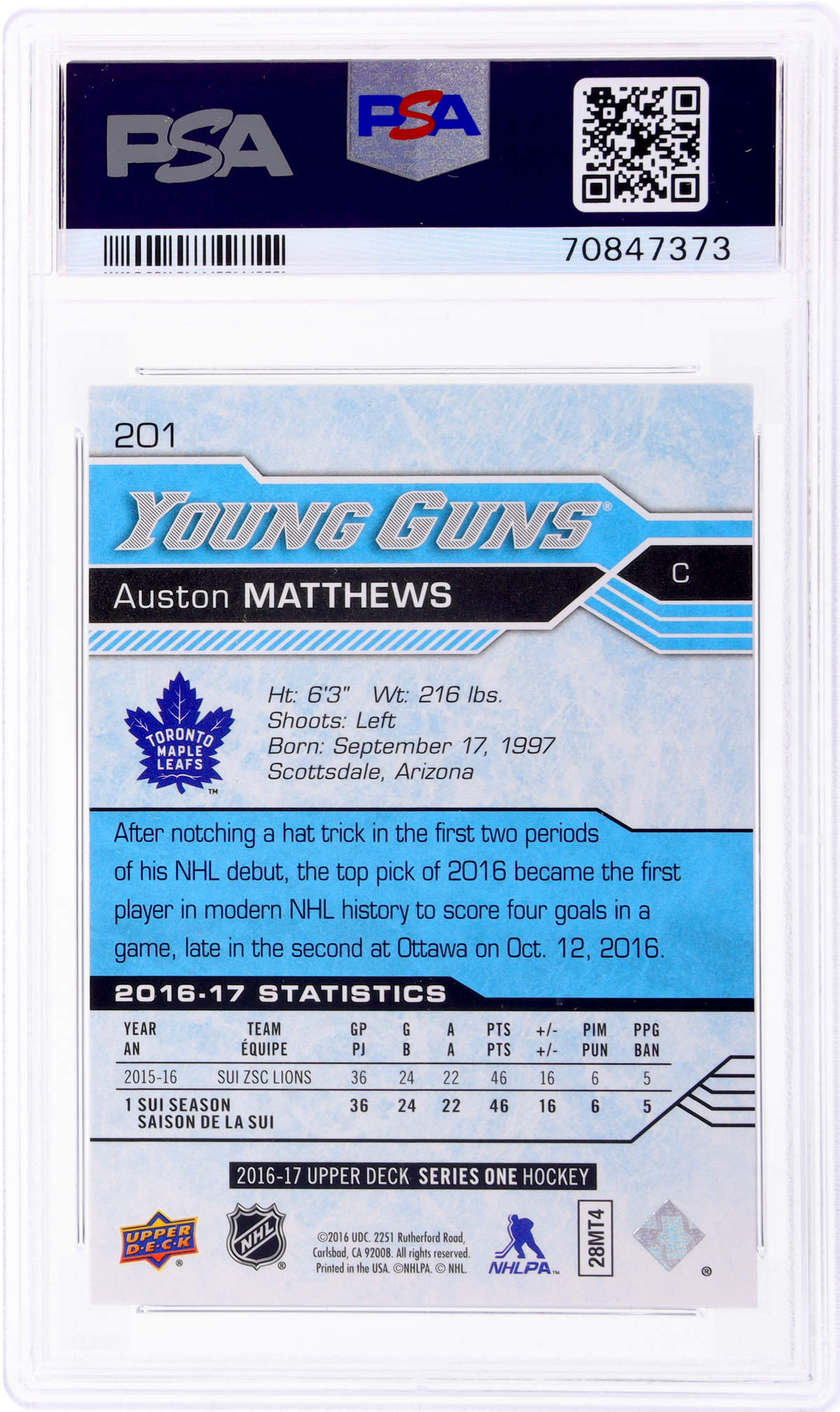 2016 Upper Deck Young Guns Auston Matthews #201 PSA 9