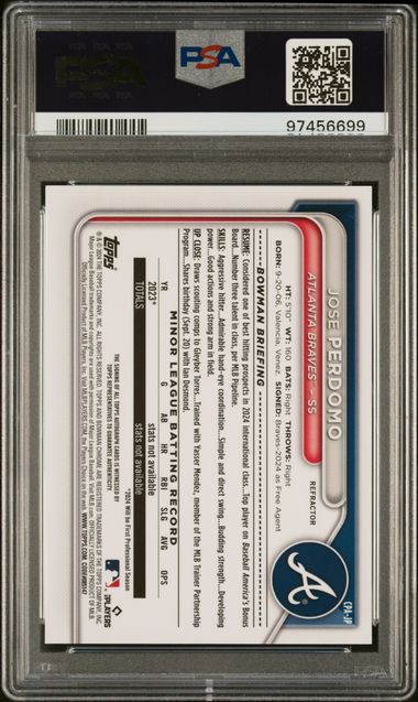 Jose Perdomo 2024 1St Bowman Chrome Autograph Refractor #'D 055/499 PSA 10