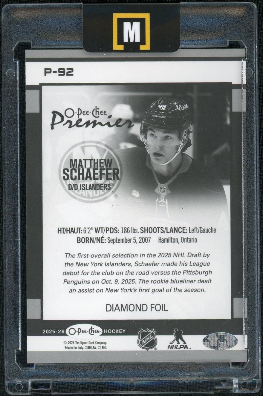 2025-26 O-Pee-Chee Premier P-92 Matthew Schaefer Diamond Foil /75