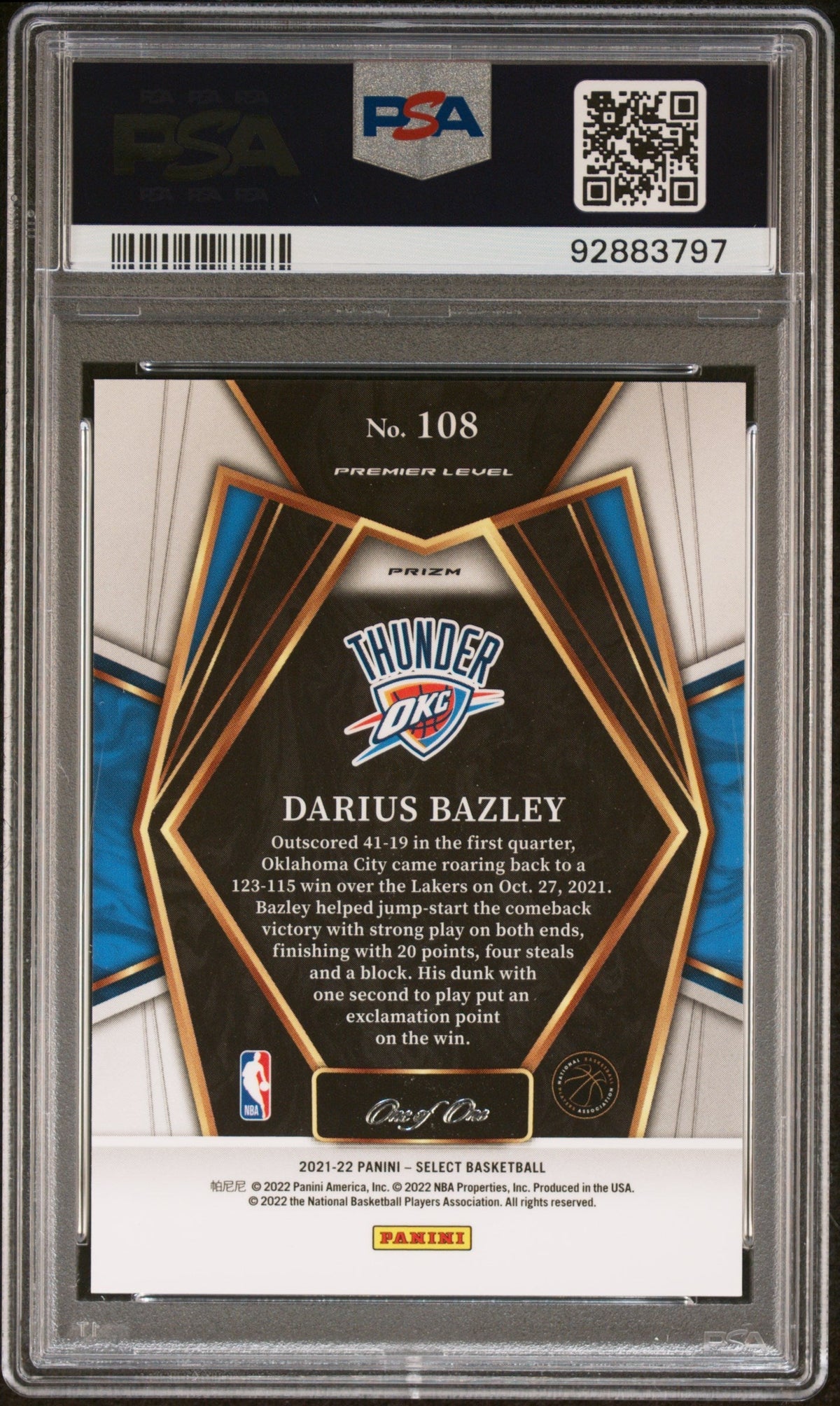 2021 Panini Select Black/White/Gold Prizm 1/1 Darius Bazley #108 PSA 9