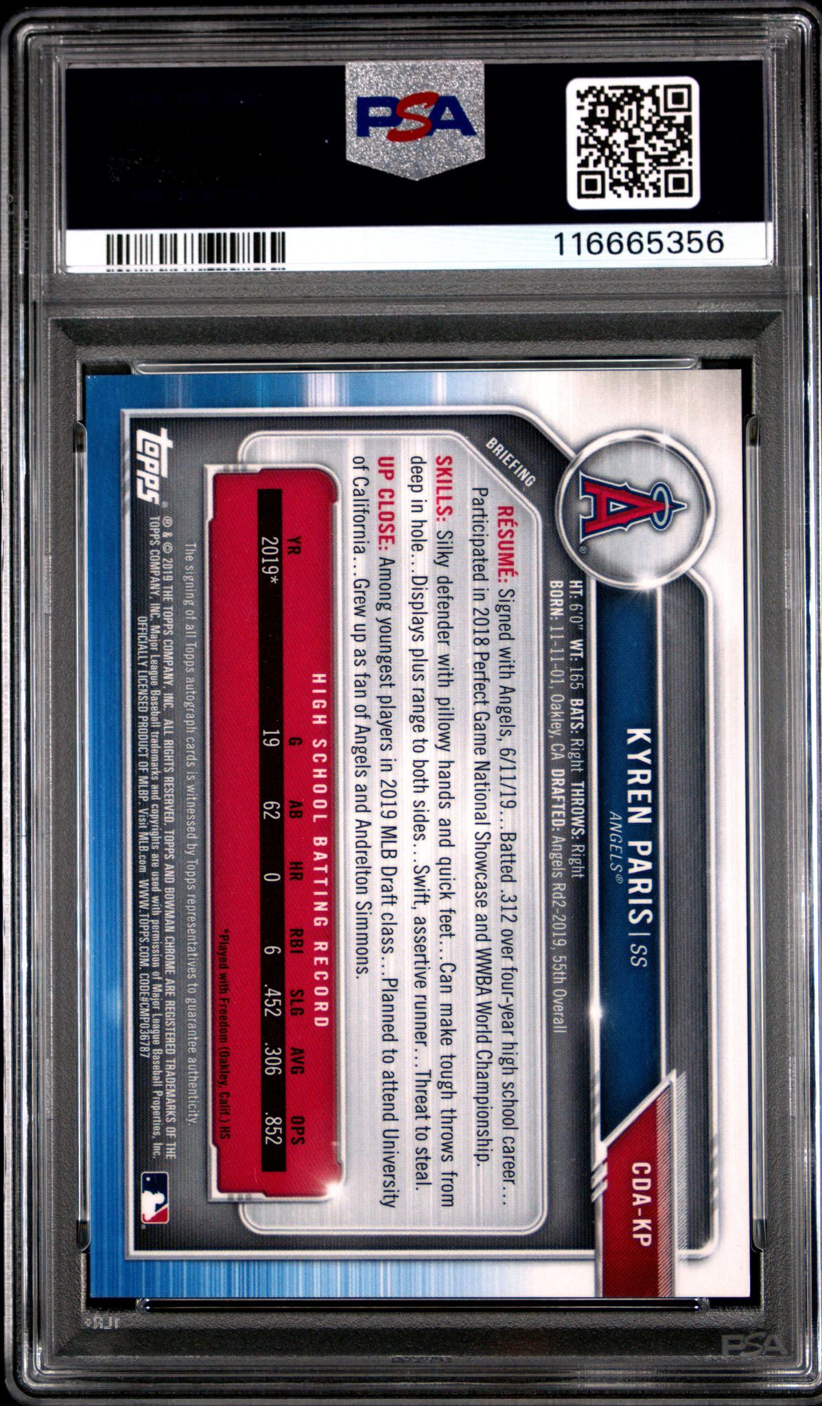 2019 Bowman Chrome Draft Autographs Orange Refractor Kyren Paris #Cdakp /25 PSA 9