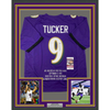 Framed Autographed/Signed Justin Tucker 35x39 66 Yard GW FG Stat Baltimore Purple Football Jersey JSA COA