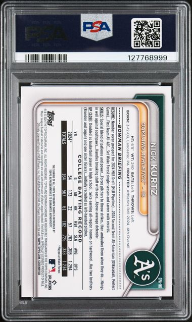 Nick Kurtz 2024 Bowman Draft 1St Bowman Chrome Prospect Autograph PSA 9