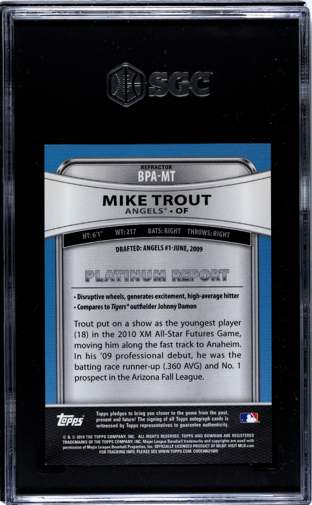 2010 Bowman Platinum Mike Trout #Bpa-Mt Prospect Autograph Refractor Sgc 8