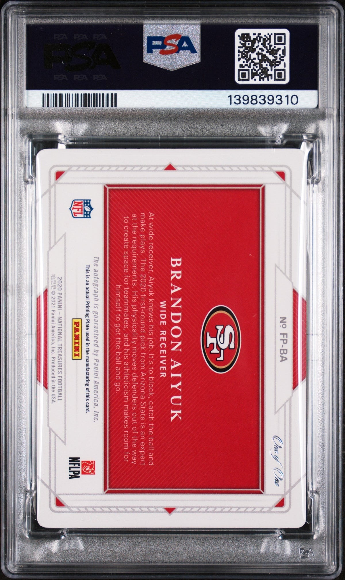 2020 Panini Rookie Pass Brandon Aiyuk #16 Rk. Sg. Fd. Ps Black Pp 1/1 PSA 7