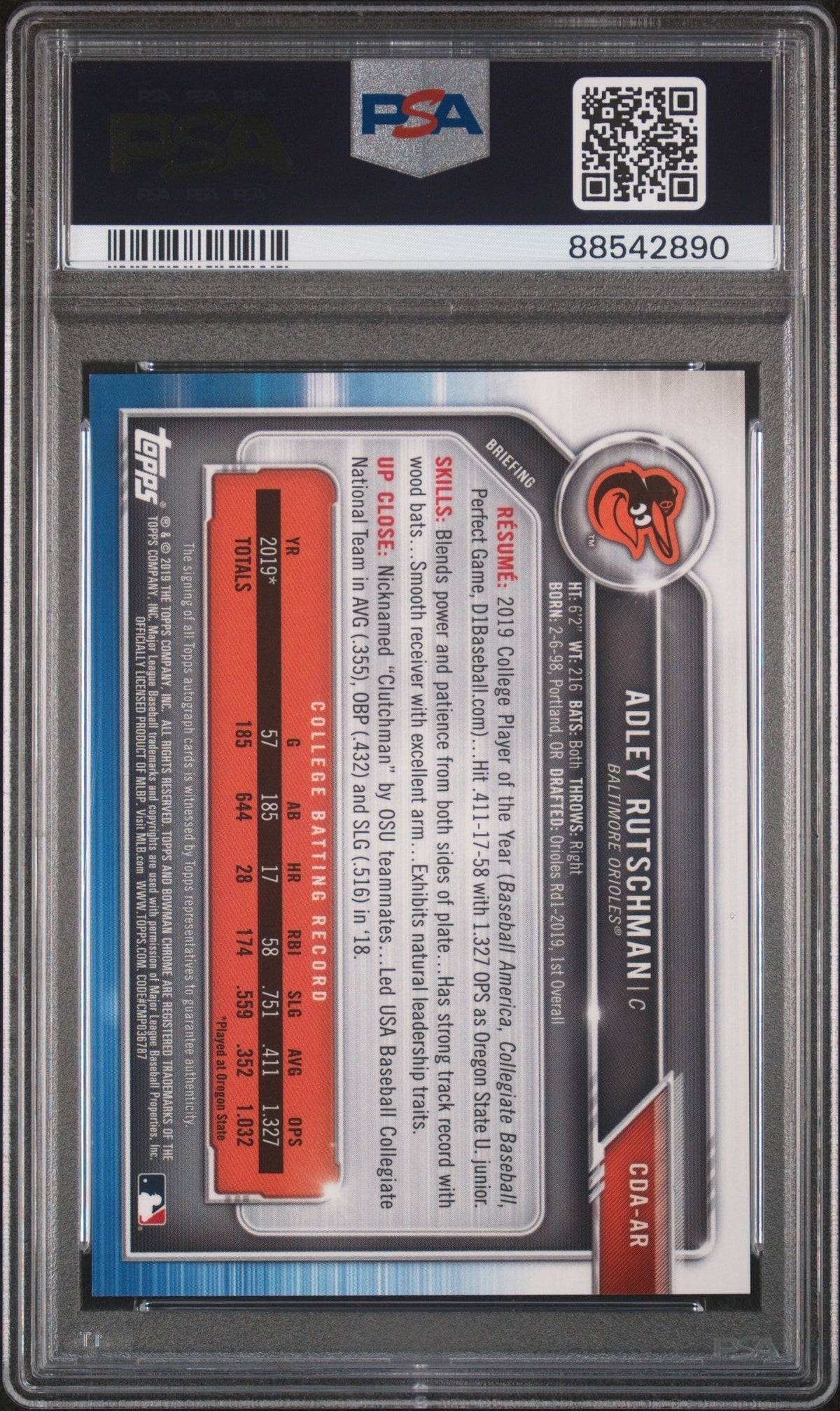 2019 Bowman Draft Chrome Auto Adley Rutschman #Cdaar Chr. Dp 170/250 PSA 10