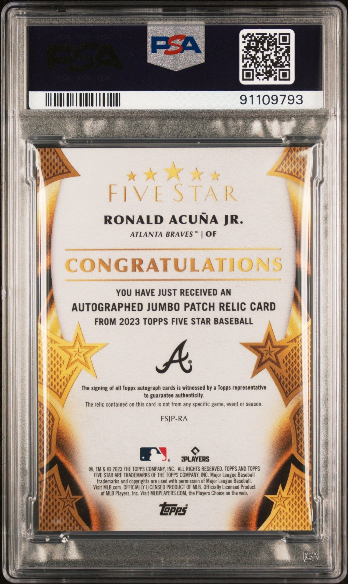 2023 Topps Five Star Auto Prime Relics Ronald Acuna Jr. #Fsjpra 14/25 PSA 10