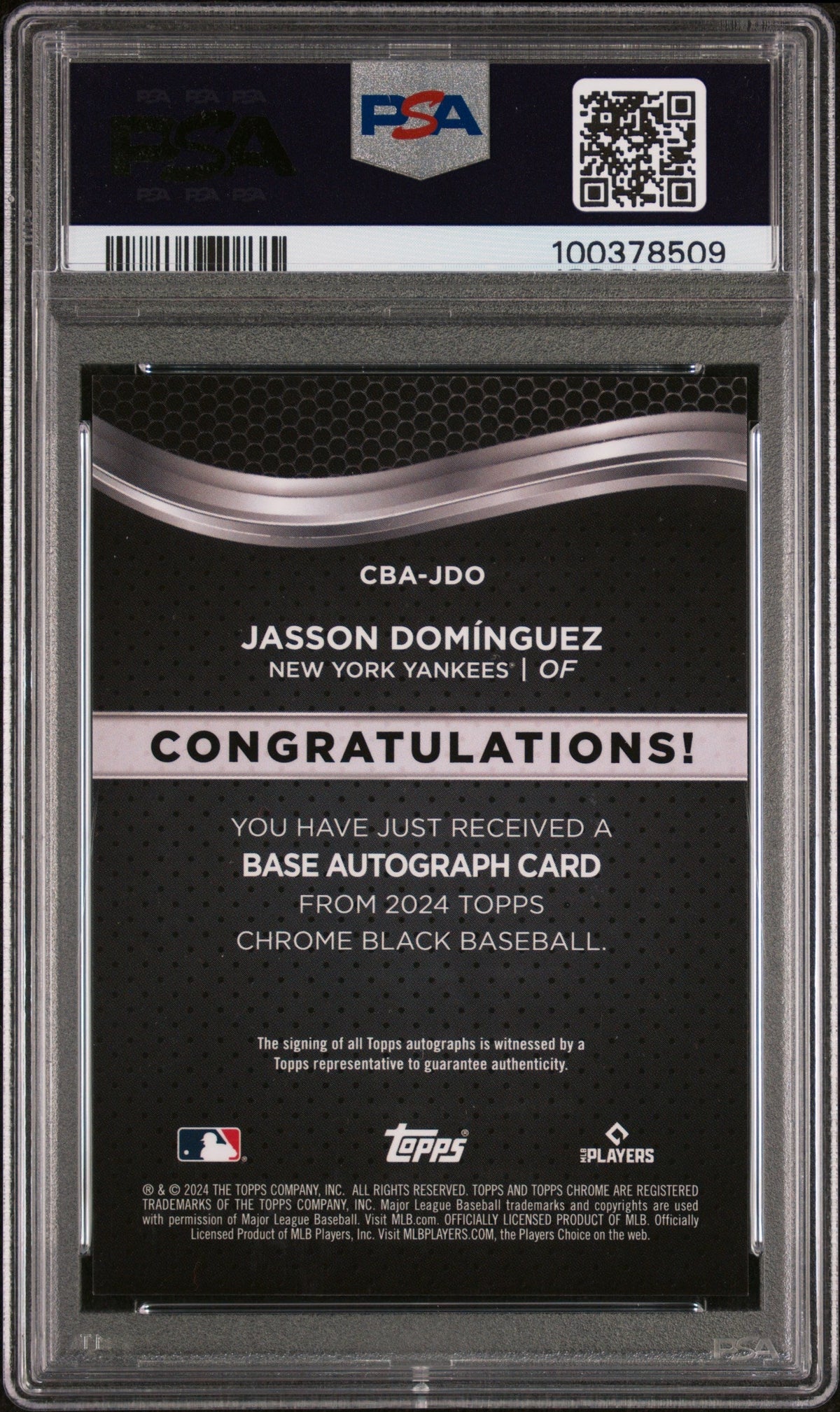 2024 Topps Chrome Black Auto Jasson Dominguez #Jdo Green Refractor 61/99 PSA 10