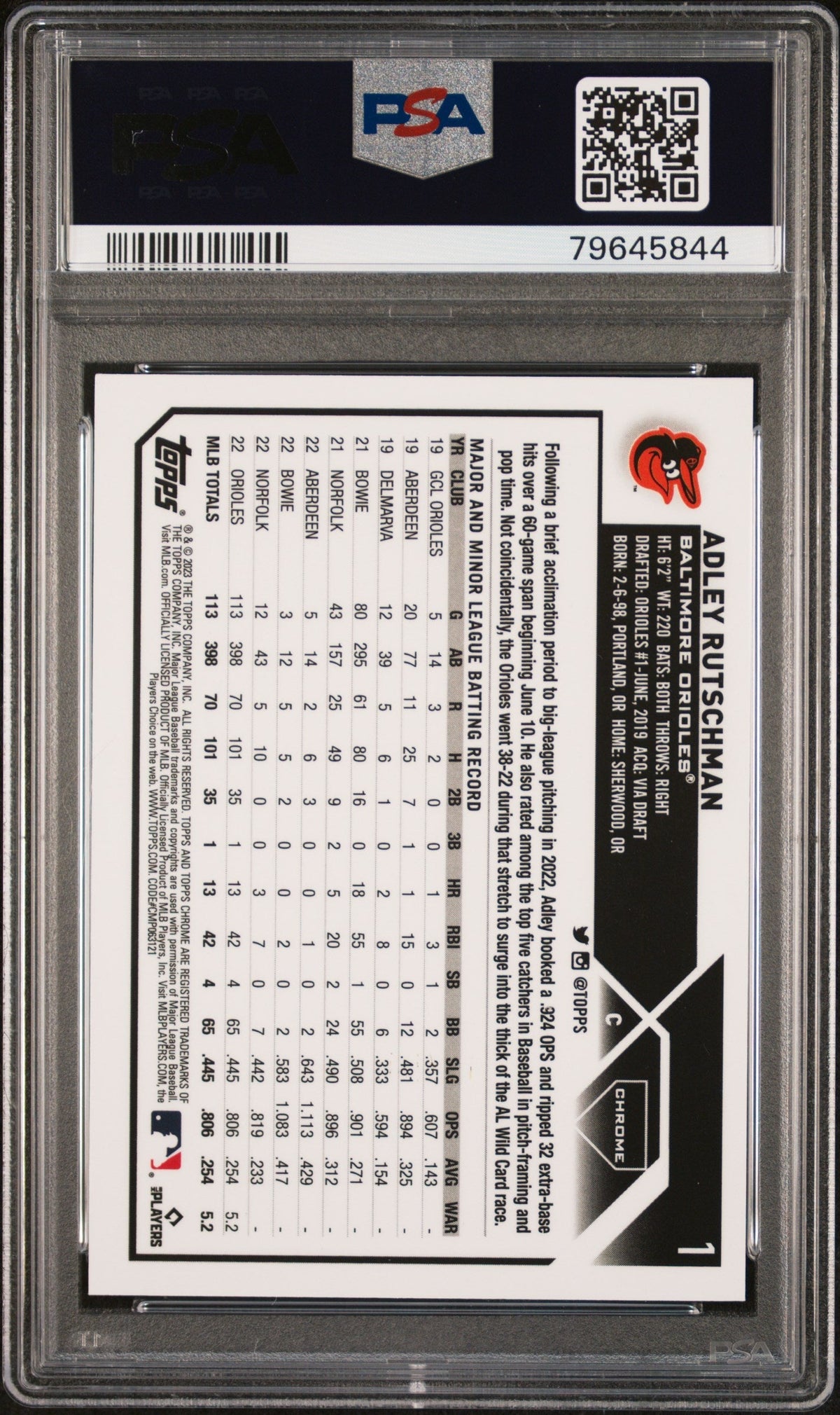 2023 Topps Chrome Adley Rutschman #1 Gold Wave Refractor 20/50 PSA 10