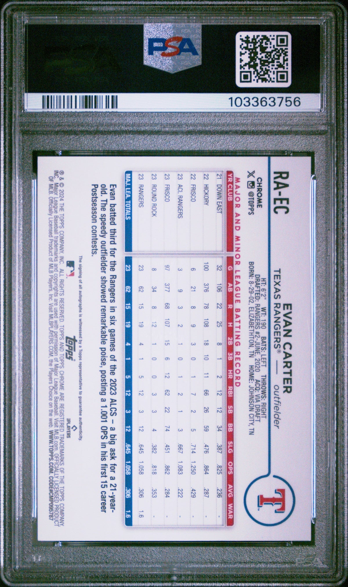 2024 Topps Chrome Update Chrome Rookie Autographs Evan Carter #Raec PSA 9