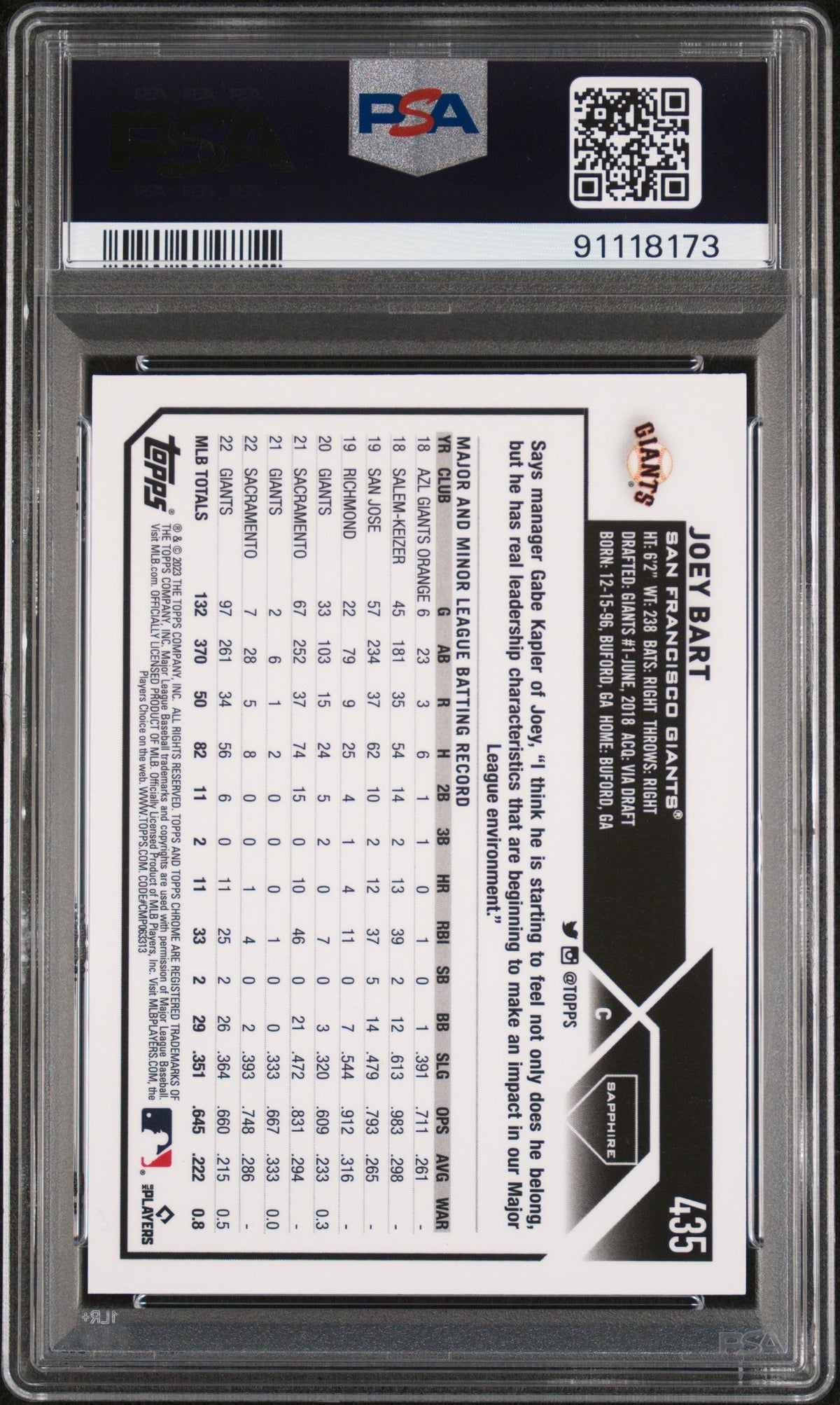 2023 Topps Chrome Sapphire Joey Bart #435 Orange 15/25 PSA 10