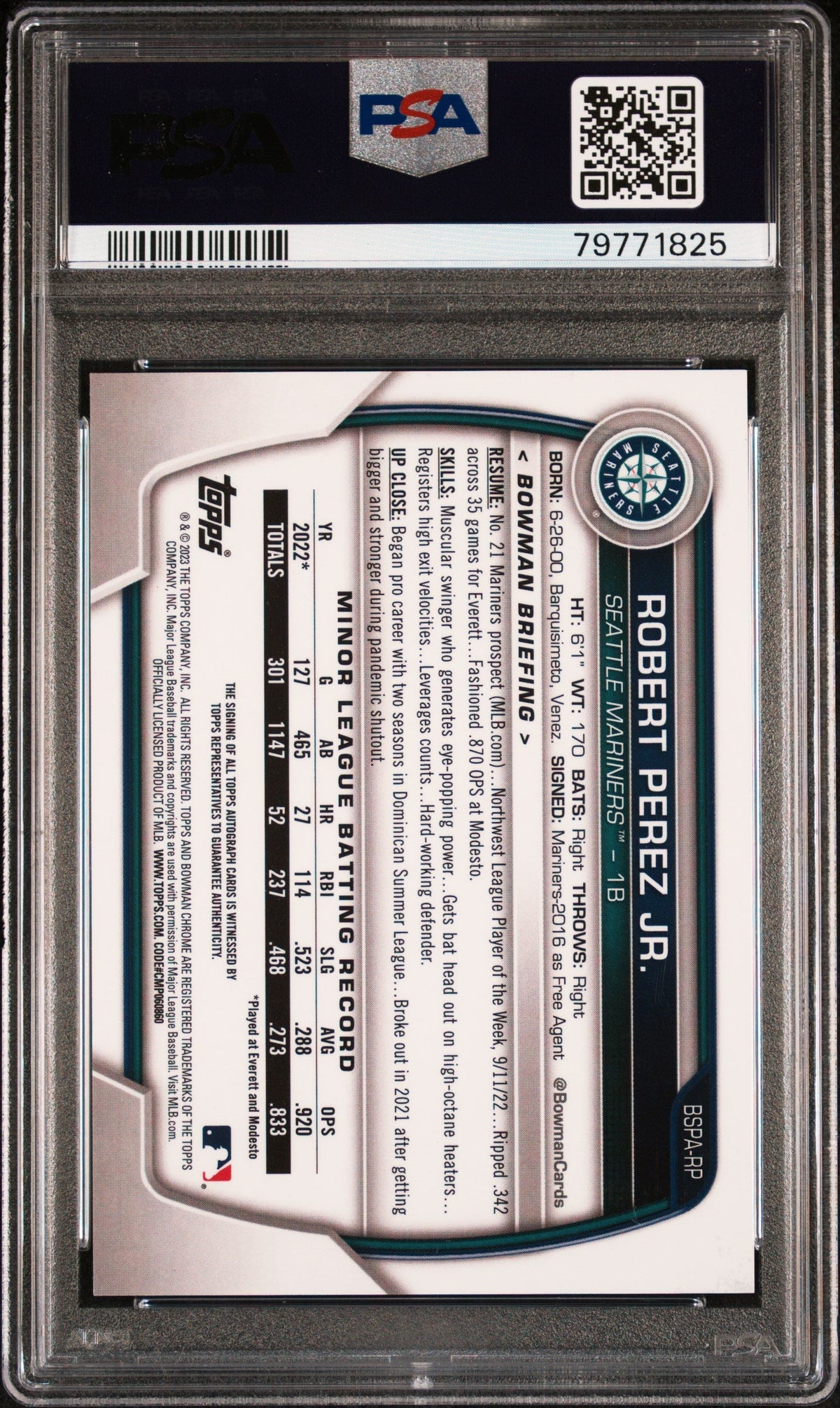 2023 Bowman Sapphire Edition Chrome Auto Robert Perez Jr. #Bsparp 1/1 PSA