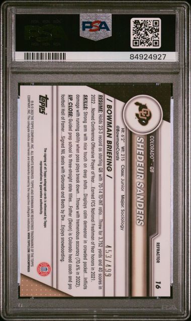 Shedeur Sanders 2023 Bowman U Chrome Bowman 1St Auto Ref. #'D 453/499 PSA 9