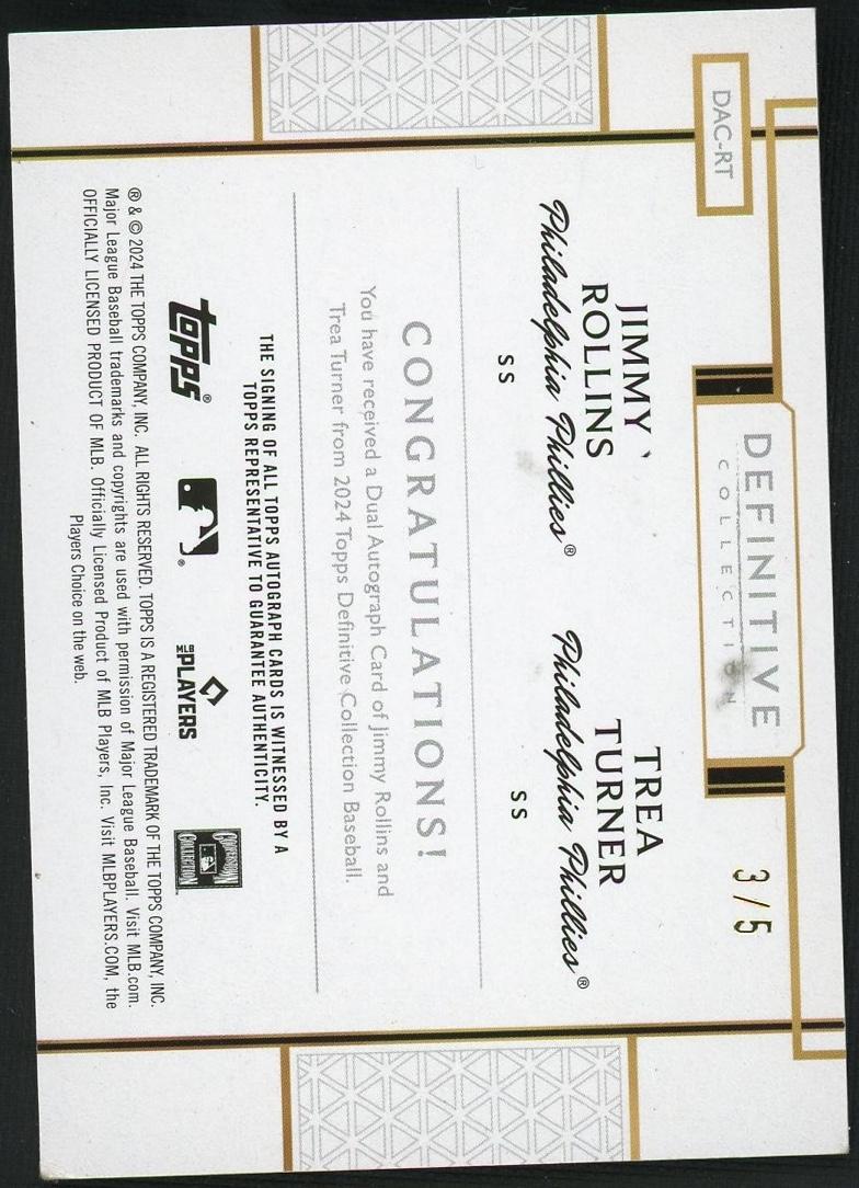 2021 Topps Definitive Collection Dac-Rt Jimmy Rollins Trea Turner Definitive Collection /5 Philadelphia Phillies Auto