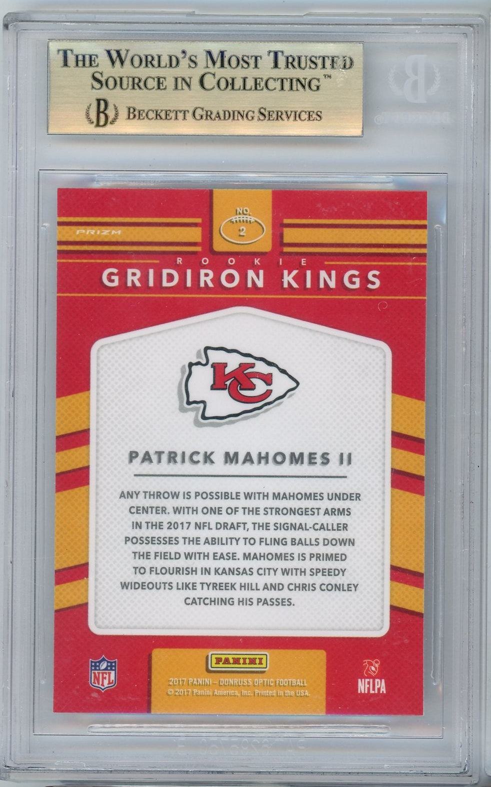 Patrick Mahomes 2017 Donruss Optic Rookie Gridiron Kings Silver Prizm Rc BGS 9.5