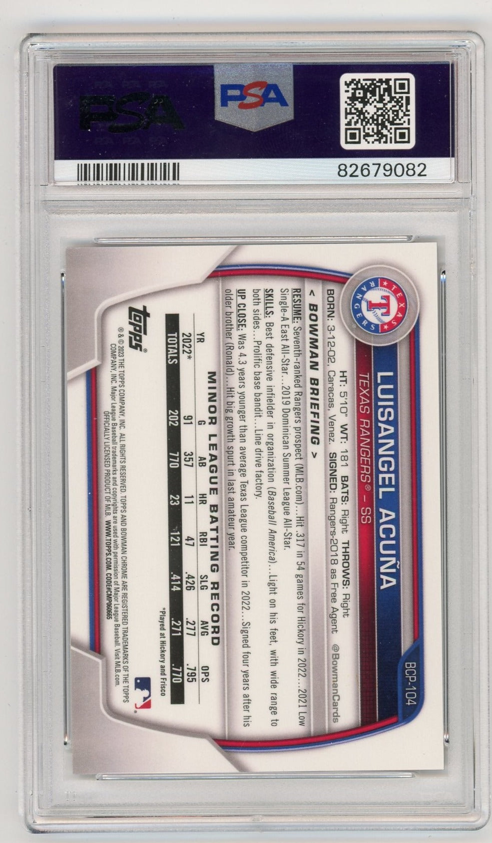Luisangel Acuna 2023 Bowman Chrome Rose Gold Lava Refractor #'D 07/10 PSA 10