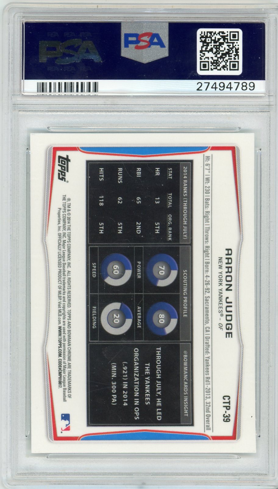 Aaron Judge 2014 Bowman Draft Picks Chrome Top Prospects PSA 10