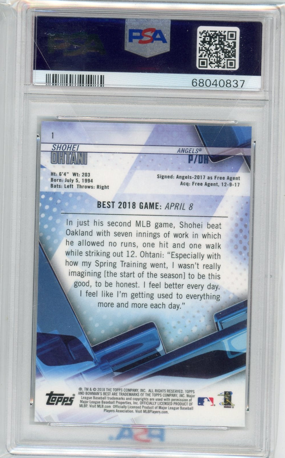 Shohei Ohtani 2018 Bowman's Best Rc #1 PSA 9
