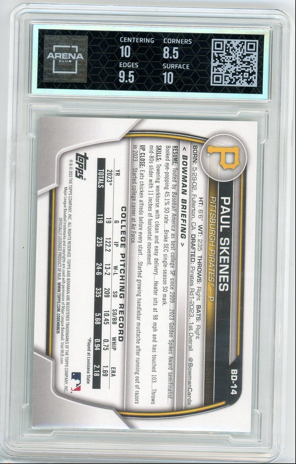 Paul Skenes 2023 Bowman Draft 1St Bowman Green #'D 05/99 Arena 9