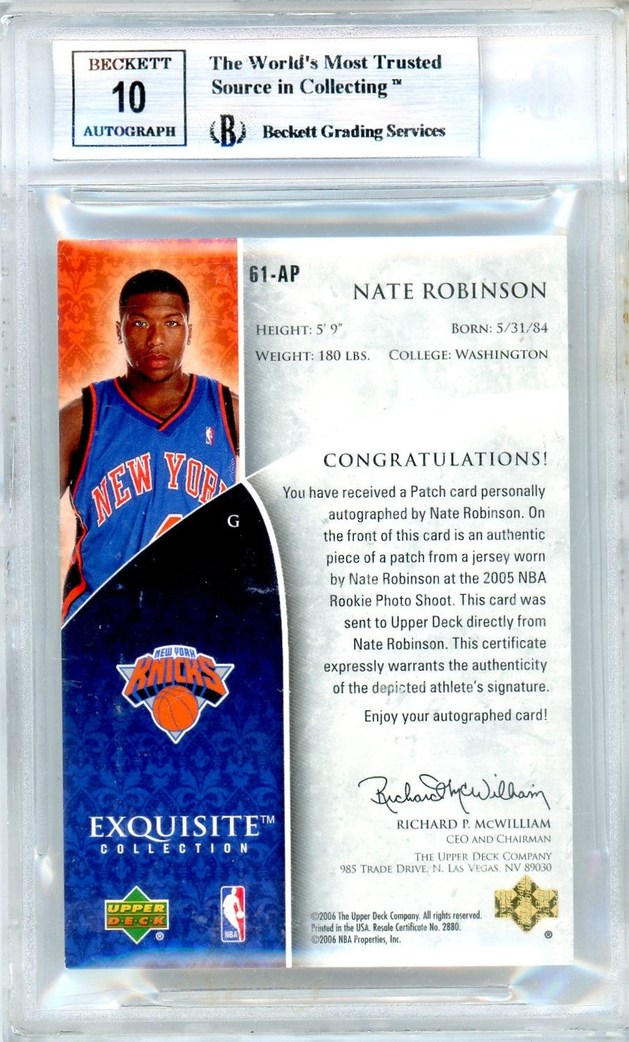 2005-06 Upper Deck Exquisite Nate Robinson #61 Rpa /225 BGS 9 Auto 10