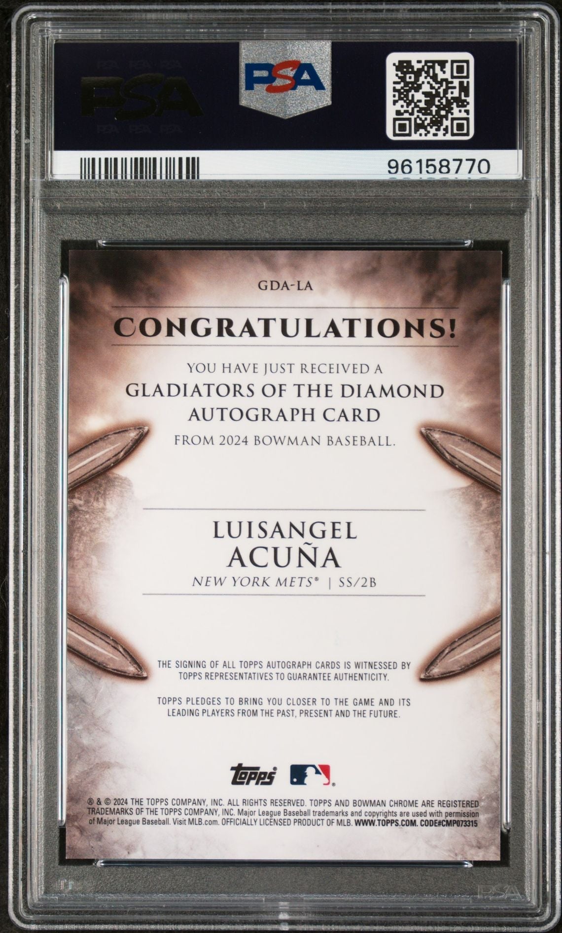 Luisangel Acuna 2024 Bowman Gladiators Of The Diamond Autograph Red #'D 5/5 PSA 9